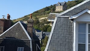 A residential area with houses on a hillside, featuring steep roofs and brick chimneys.