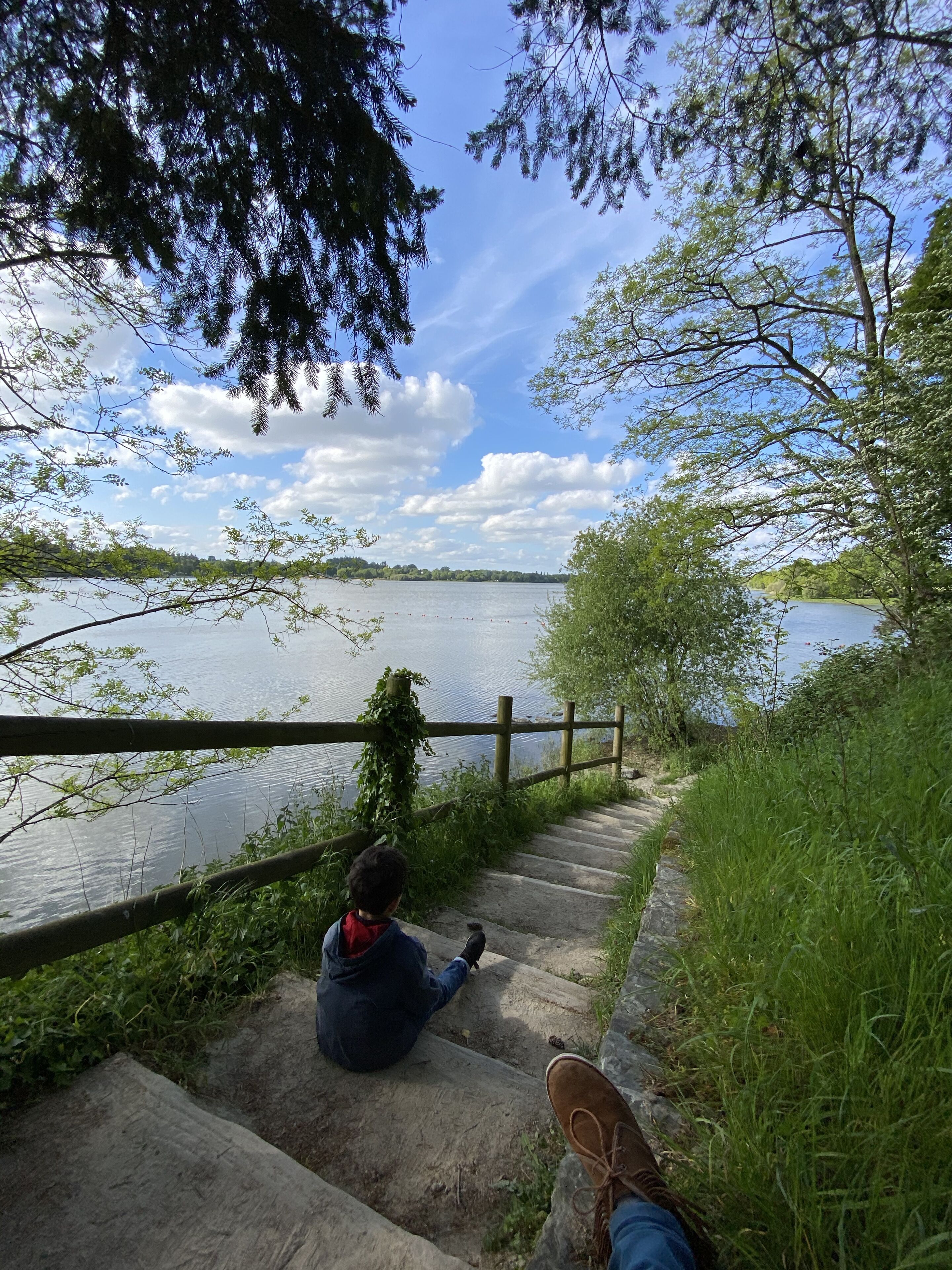 A concrete pathway leading to a lake with a wooden fence and greenery on one side.