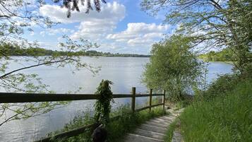 A concrete pathway leading to a lake with a wooden fence and greenery on one side.