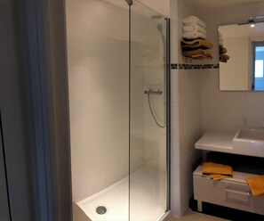 Chuveiro, secador de cabelo, toalhas de banho, papel higiênico