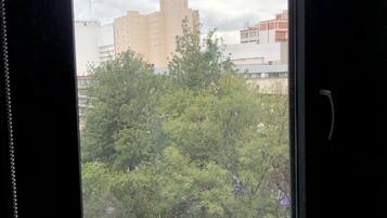 A window with a view of a building and trees.