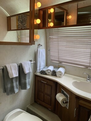 A bathroom with a sink, mirror, towel rack, and a toilet.