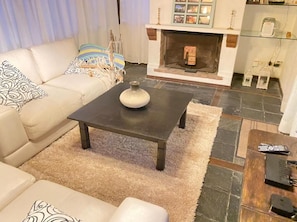 Smart TV, fireplace, books