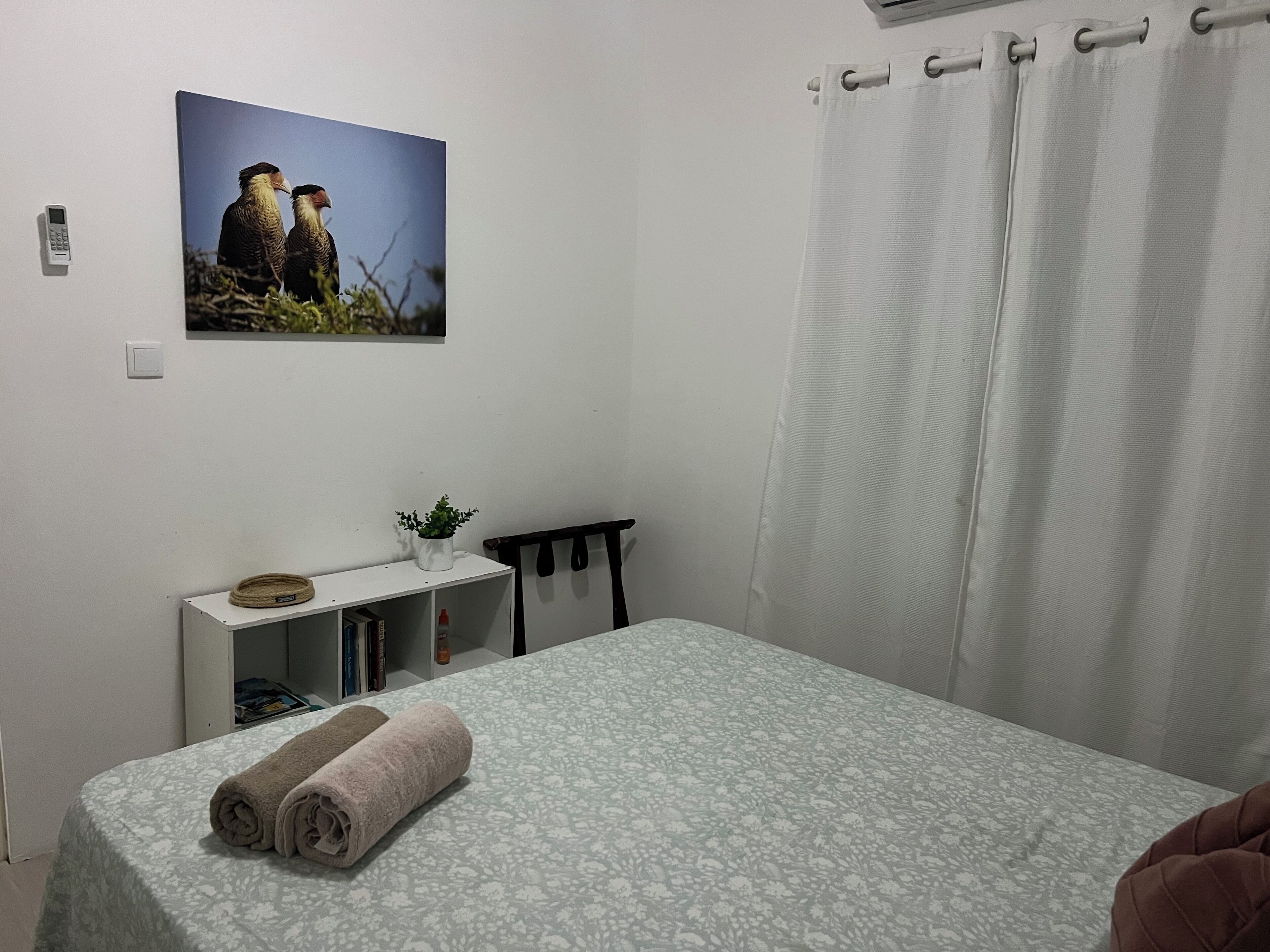 A room with a bed, a small desk with a plant, a picture on the wall, and a curtain.