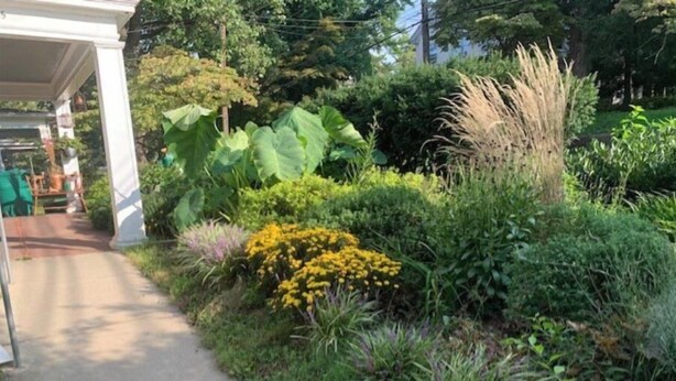 A garden pathway leading to a white gazebo with a view of lush greenery and various plants. - Wonderful Home (Pottstown)