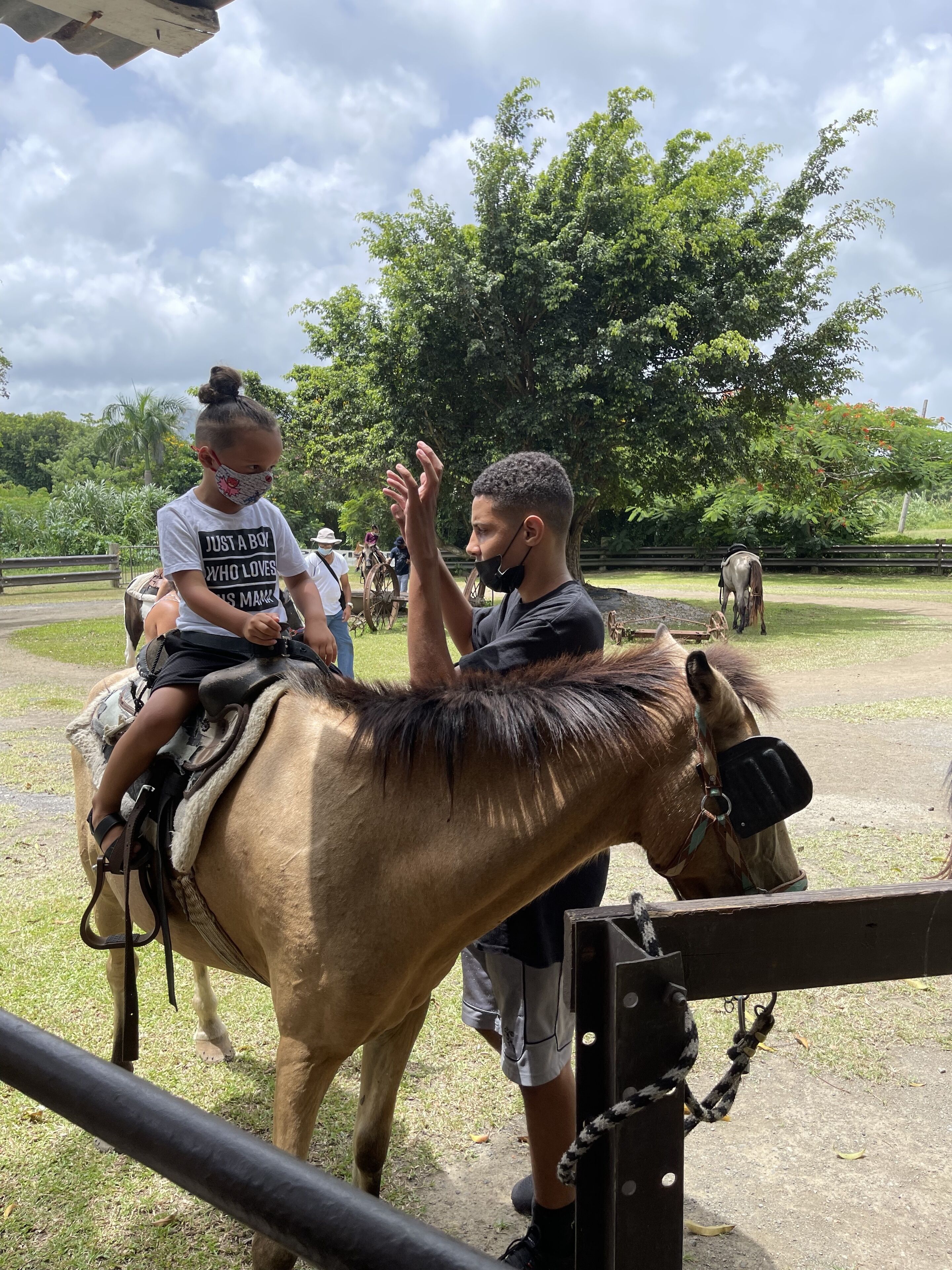 Una persona montando a caballo en un espacio abierto con una cerca, árboles y otro caballo al fondo.