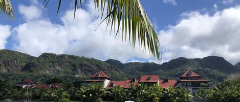 A marina with boats docked, surrounded by lush greenery and mountains in the background.