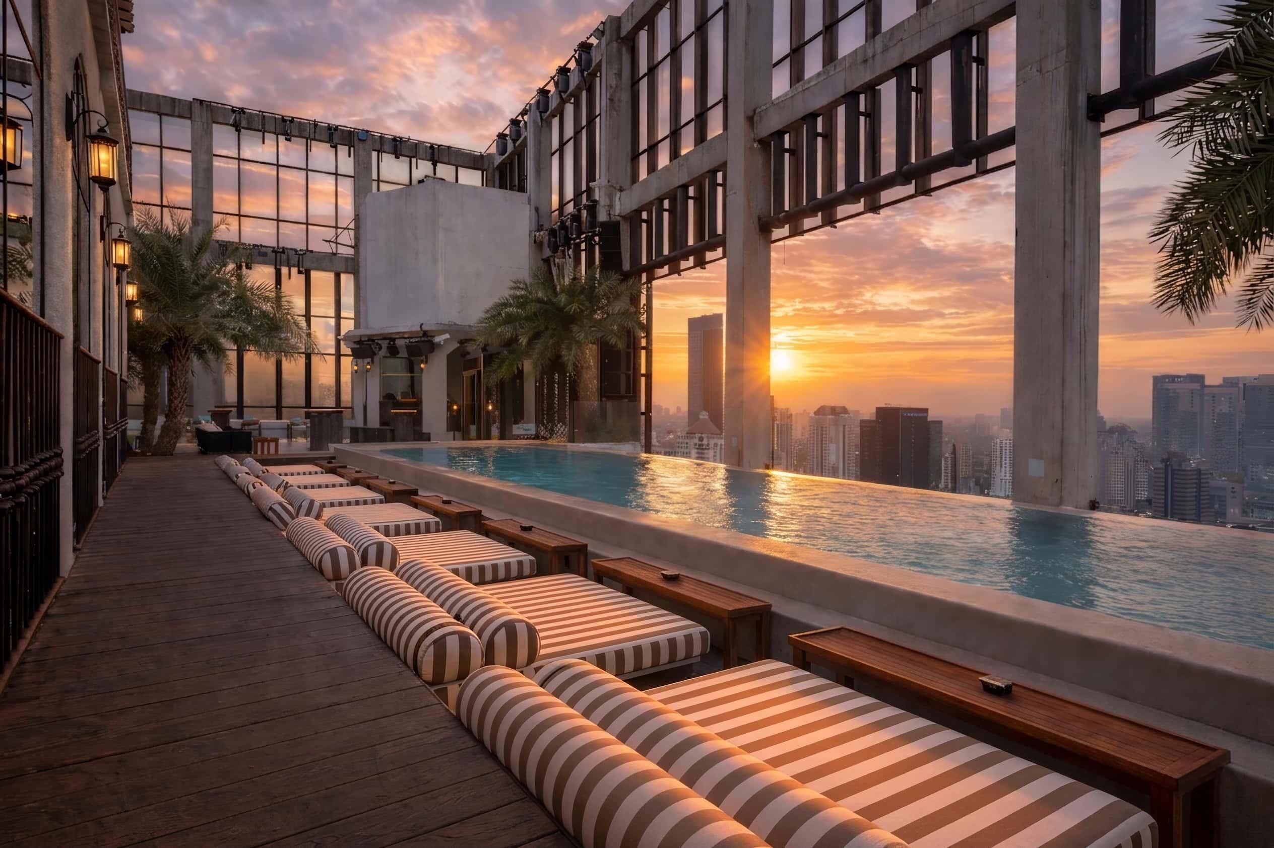 Zona de piscina en la azotea con mobiliario de descanso y vista al horizonte urbano al atardecer.