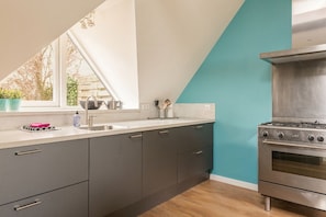 Een moderne keuken met een ingebouwde kookplaat, een gootsteen en een raam met uitzicht op bomen.
