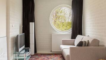 A compact living space with a television, a sofa, a window with a view of trees, and a patterned rug.