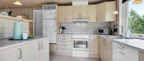 Fridge, stovetop, dishwasher, coffee/tea maker