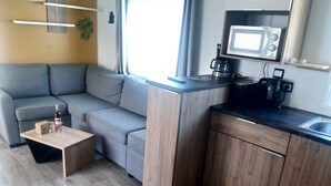 Un espace de vie compact comprenant un canapé gris, une petite table basse en bois, un four à micro-ondes et un évier dans une petite cuisine.