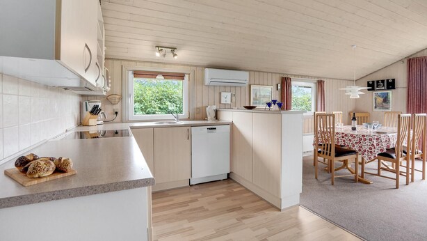 A compact kitchen with a dishwasher, a sink, and a window overlooking greenery. - Stunning home in Hemmet with WiFi (Hemmet)