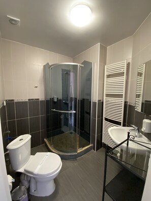 Hair dryer, towels, soap, toilet paper