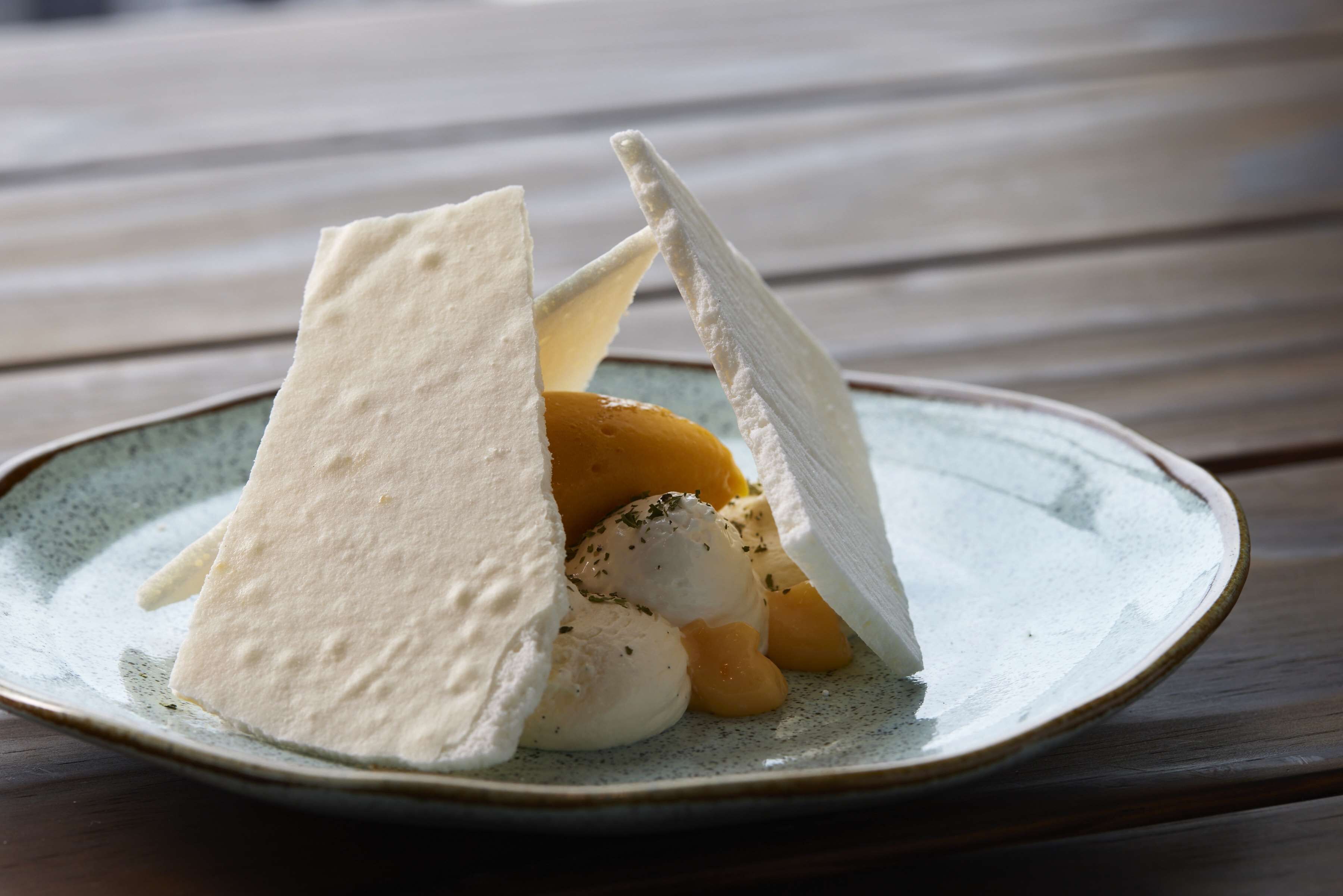 A plate with a dessert consisting of ice cream and a piece of cake on a ceramic plate.