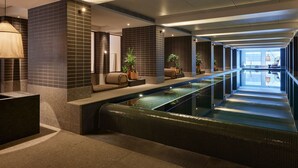 A modern indoor swimming pool with a long, narrow design, surrounded by seating areas and potted plants. - Hyatt Centric Melbourne (Melbourne)