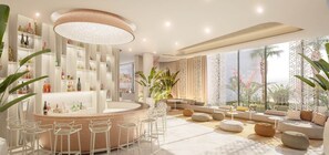 A modern interior with a bar area, seating, and large windows.