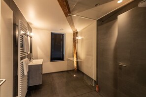 Shower, hair dryer, shampoo