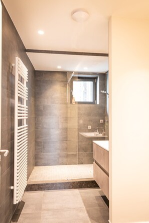 Shower, hair dryer, shampoo