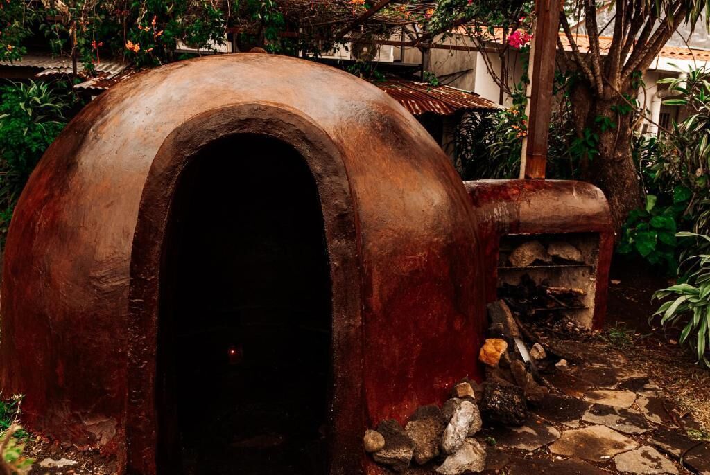 A rustic outdoor oven with a dark interior, surrounded by greenery and a stone pathway.