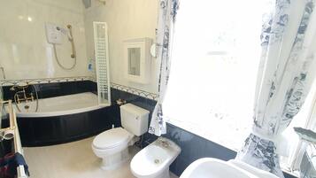 Combined shower/bathtub, hair dryer, towels, soap