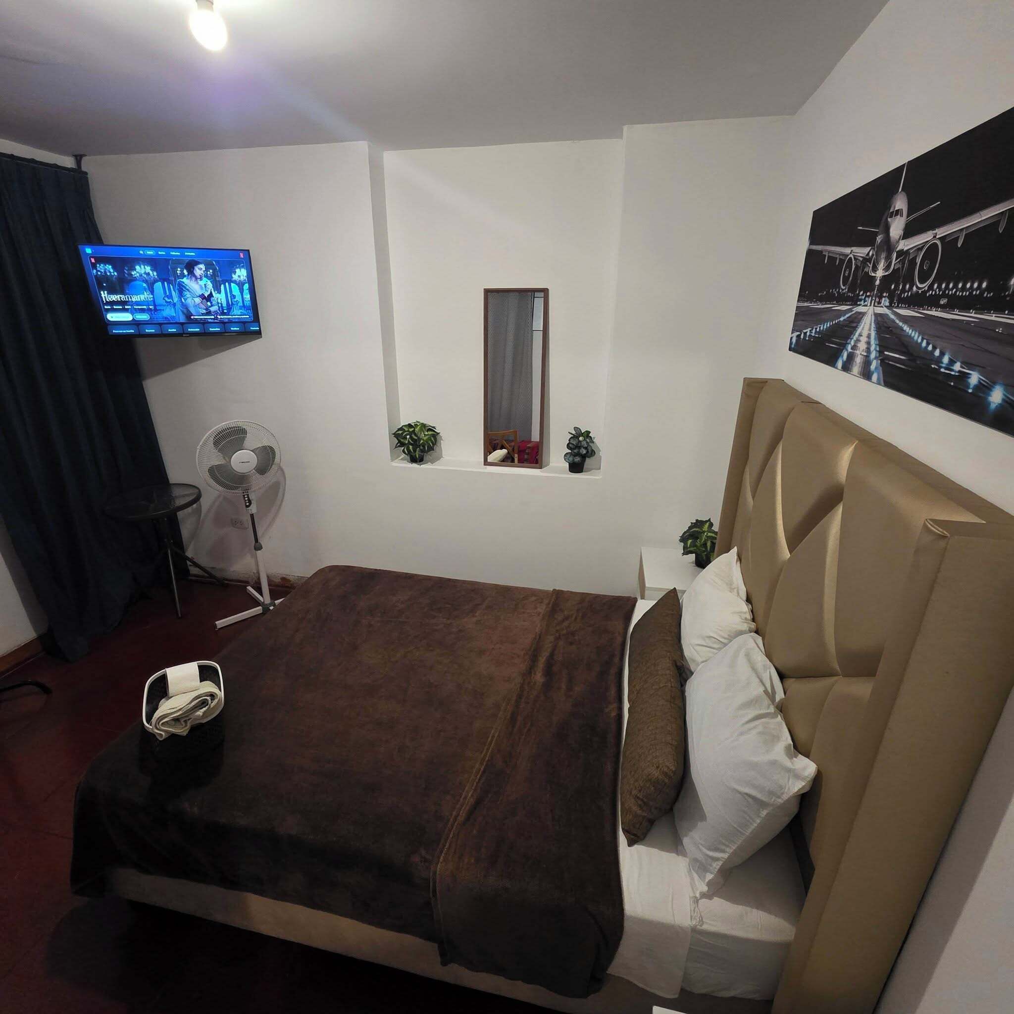 A bedroom with a bed, a TV, a mirror, and a wall-mounted picture.