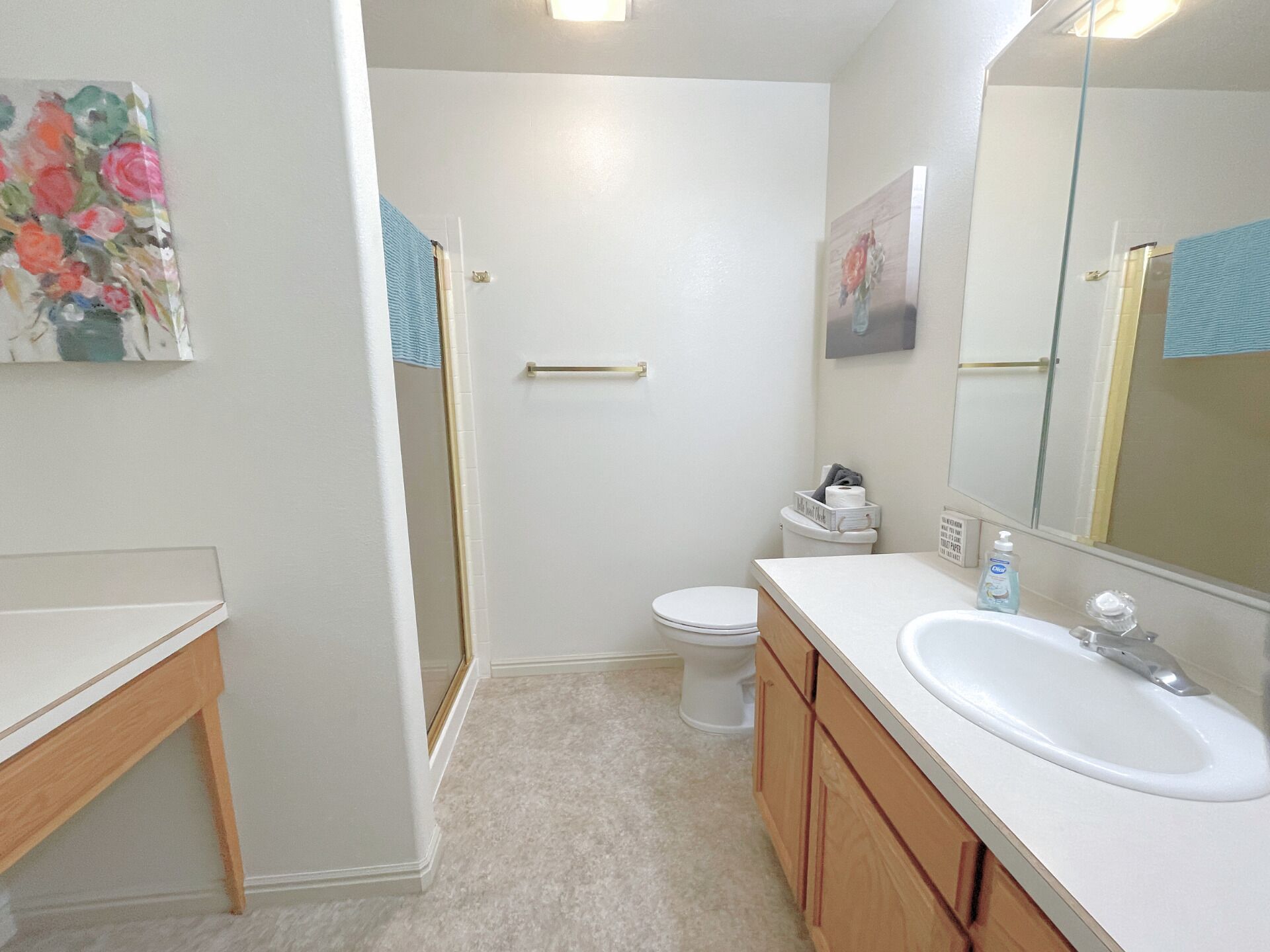 A bathroom with a white sink, a mirror, a toilet, and a shower area.