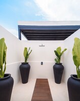 Ático Deluxe, 1 cama de matrimonio grande, piscina privada | Ducha del cuarto de baño