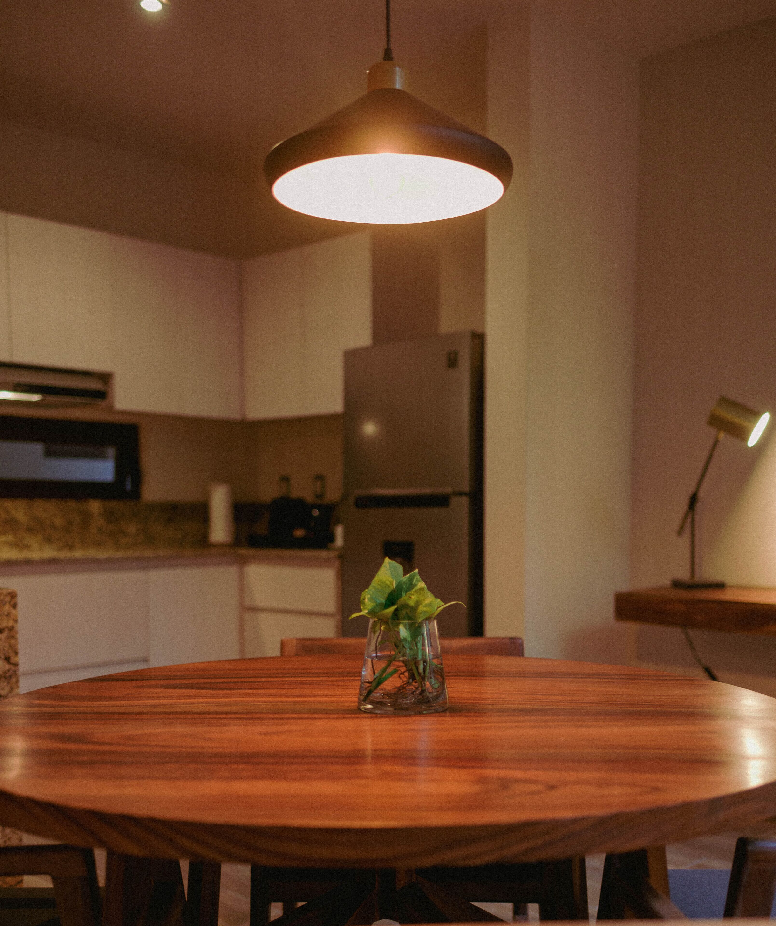 Une table de salle à manger ronde en bois, sur laquelle se trouve un vase en verre transparent contenant une plante.