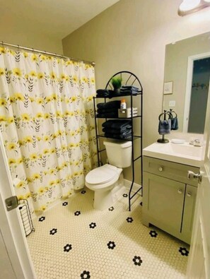 Tina con regadera, secadora de cabello, toallas, papel de baño 