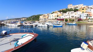 Un port de plaisance où sont amarrés différents types de bateaux, entouré de bâtiments aux couleurs vives et surplombé d’un ciel bleu clair.