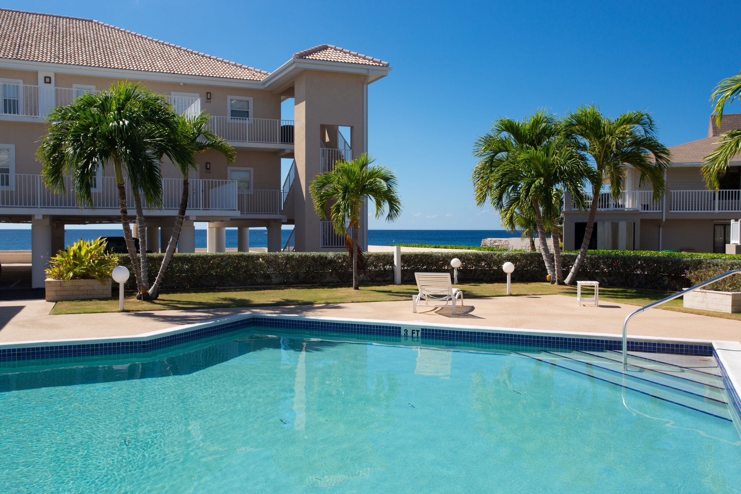 A swimming pool with a clear blue water, surrounded by a poolside area with lounge chairs and palm trees.