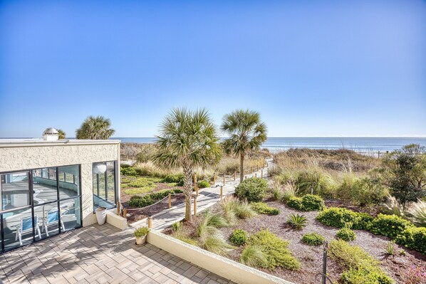 A patio with a view of the ocean, surrounded by various plants and a pathway.