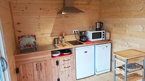 A compact kitchen with wooden walls, a stainless steel range hood, a microwave, a sink, and a small refrigerator. - Studio in a chalet (Bourlon)