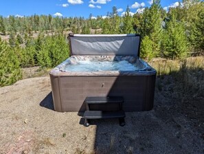 Un bain à remous avec une structure extérieure en bois, un petit marchepied pour y accéder, et en arrière-plan, des arbres et un ciel dégagé.