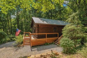 A wooden cabin with a metal roof, surrounded by dense forest. - Knotty by Nature - Hot tub, fire pit, dog friendly, Rumbling Bald Resort Amenities (Lake Lure)