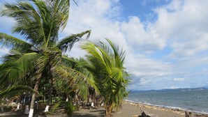 Une plage avec des palmiers et un poteau en bois.