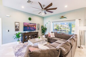 Smart TV, fireplace, video games, DVD player