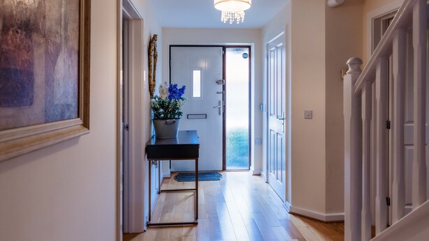 A hallway with a wooden floor, a black table with a potted plant, and a door leading to a bright room.