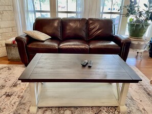 Ein braunes Leder Sofa mit Kissen, ein Couchtisch aus Holz mit zwei Fernbedienungen, eine Topfpflanze und ein rustikaler Teppich.