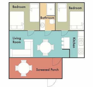 Planta baixa com dois quartos, um banheiro, sala de estar, cozinha e varanda com proteção.