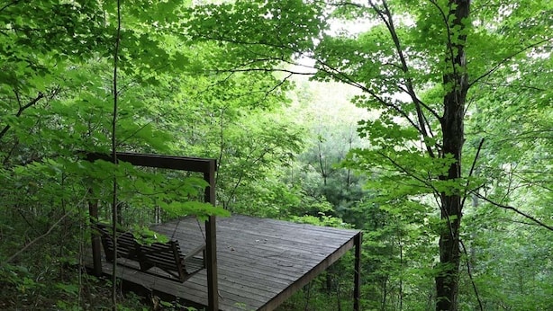 A wooden deck with benches in a forested area.