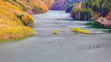 A river surrounded by forested hills.