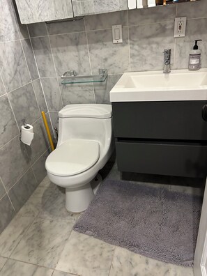 Ensemble baignoire-douche, séchoir à cheveux, serviettes fournies, savon
