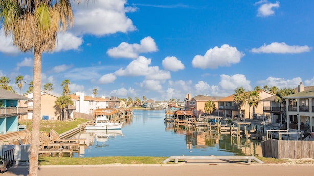 A marina with boats docked, waterfront houses, and palm trees.
