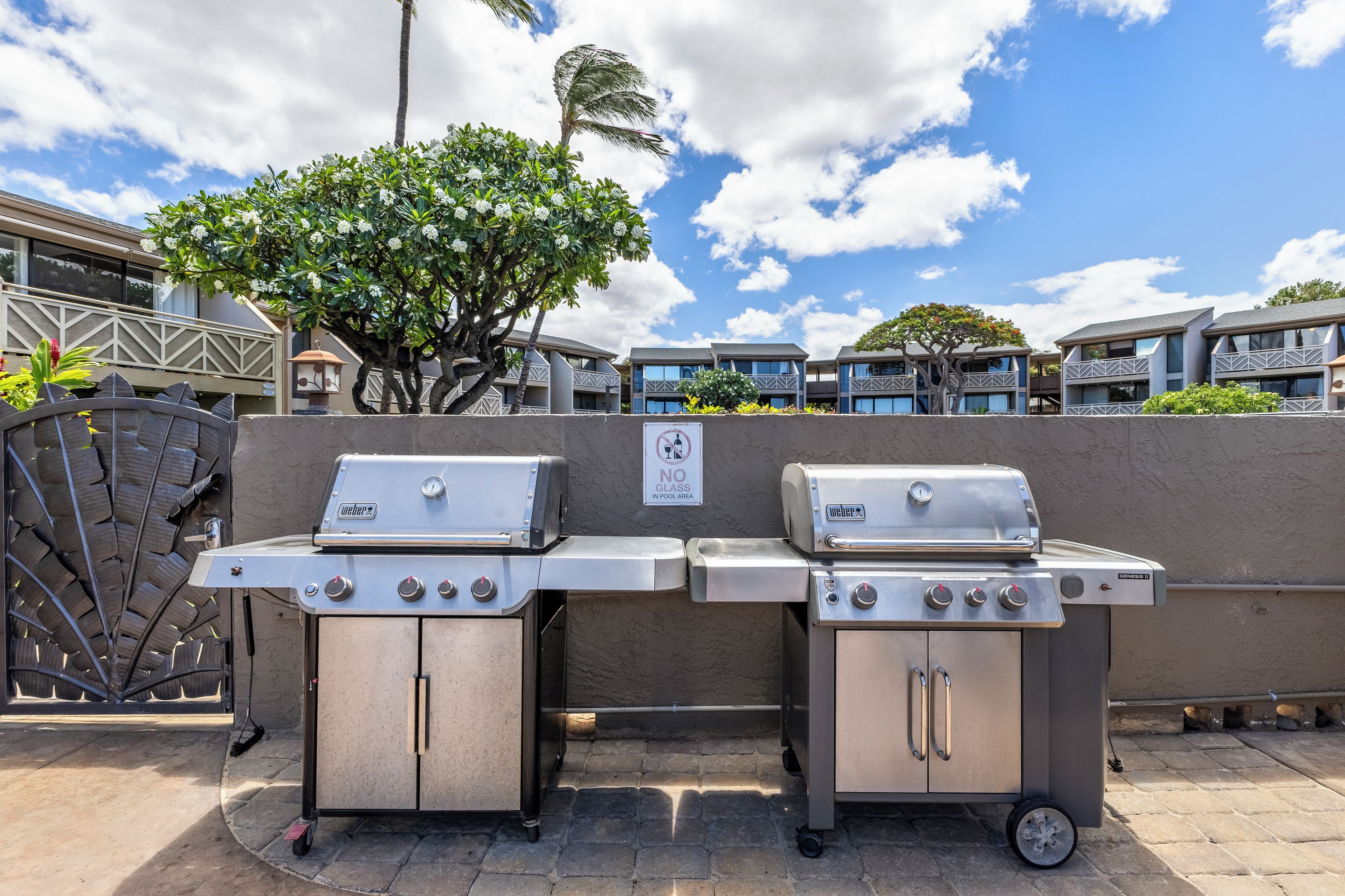 Two Weber Genesis II gas grills with wheels, positioned on a paved patio with a view of a residential building and a tree in the background.