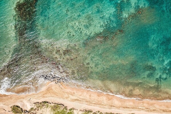 An aerial view of a beach with clear turquoise waters, sandy shore, and sparse vegetation.