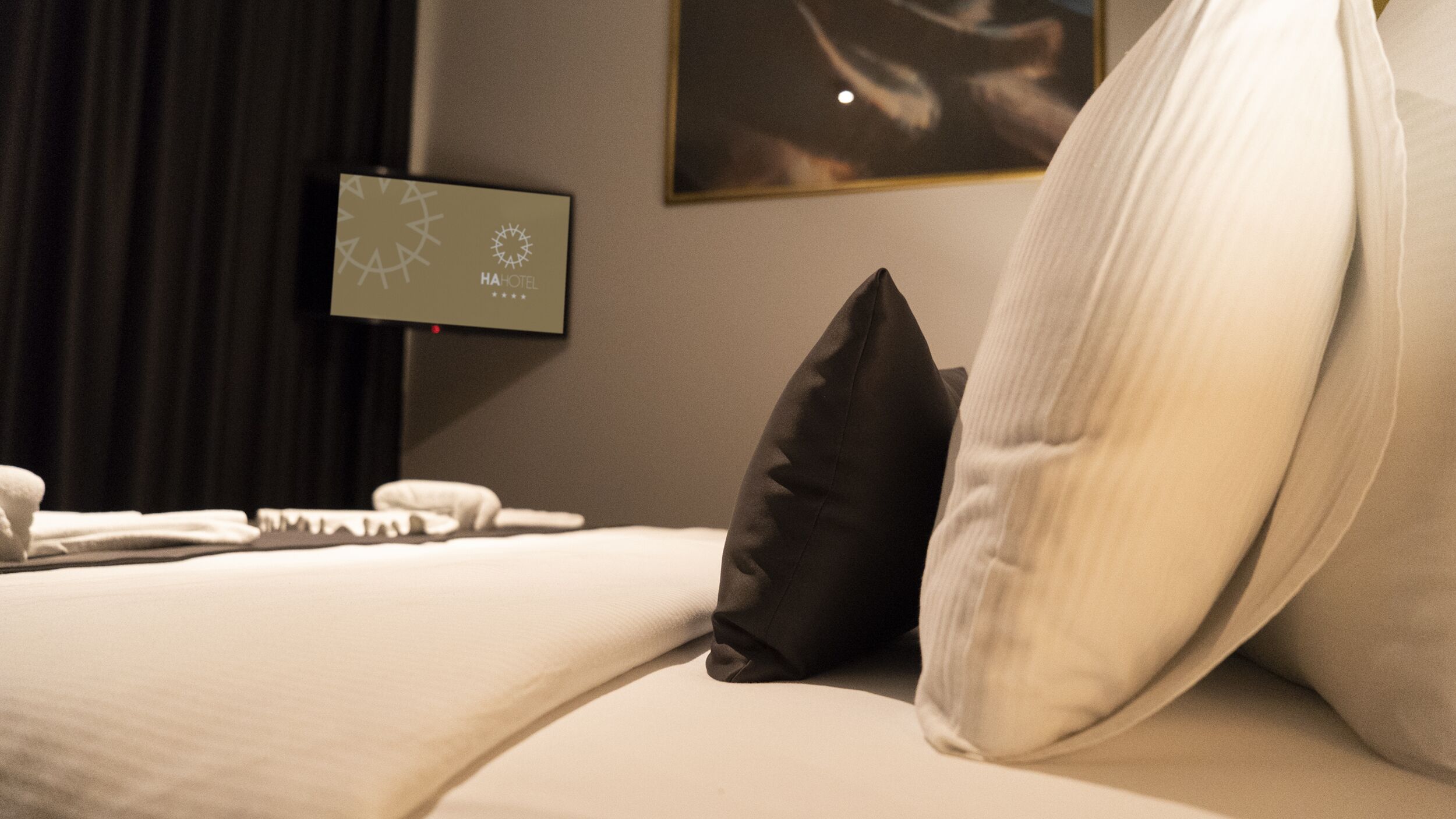 A neatly made bed with white and dark pillows, a flat-screen TV on the wall, and a framed picture above the bed.