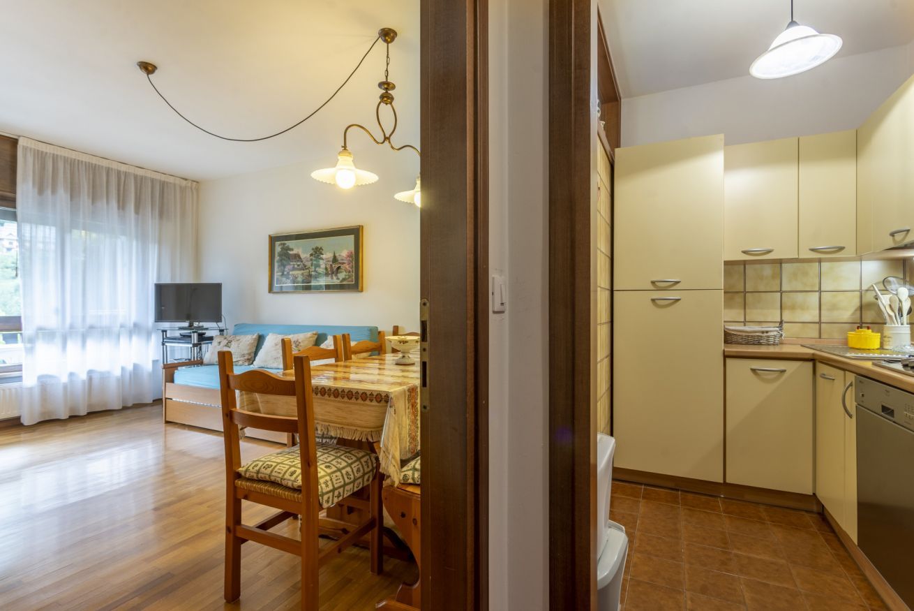 Ein Zimmer mit Esstisch, Stühlen, Fernseher, Bett und einer Küchenzeile mit Schränken und Spüle.