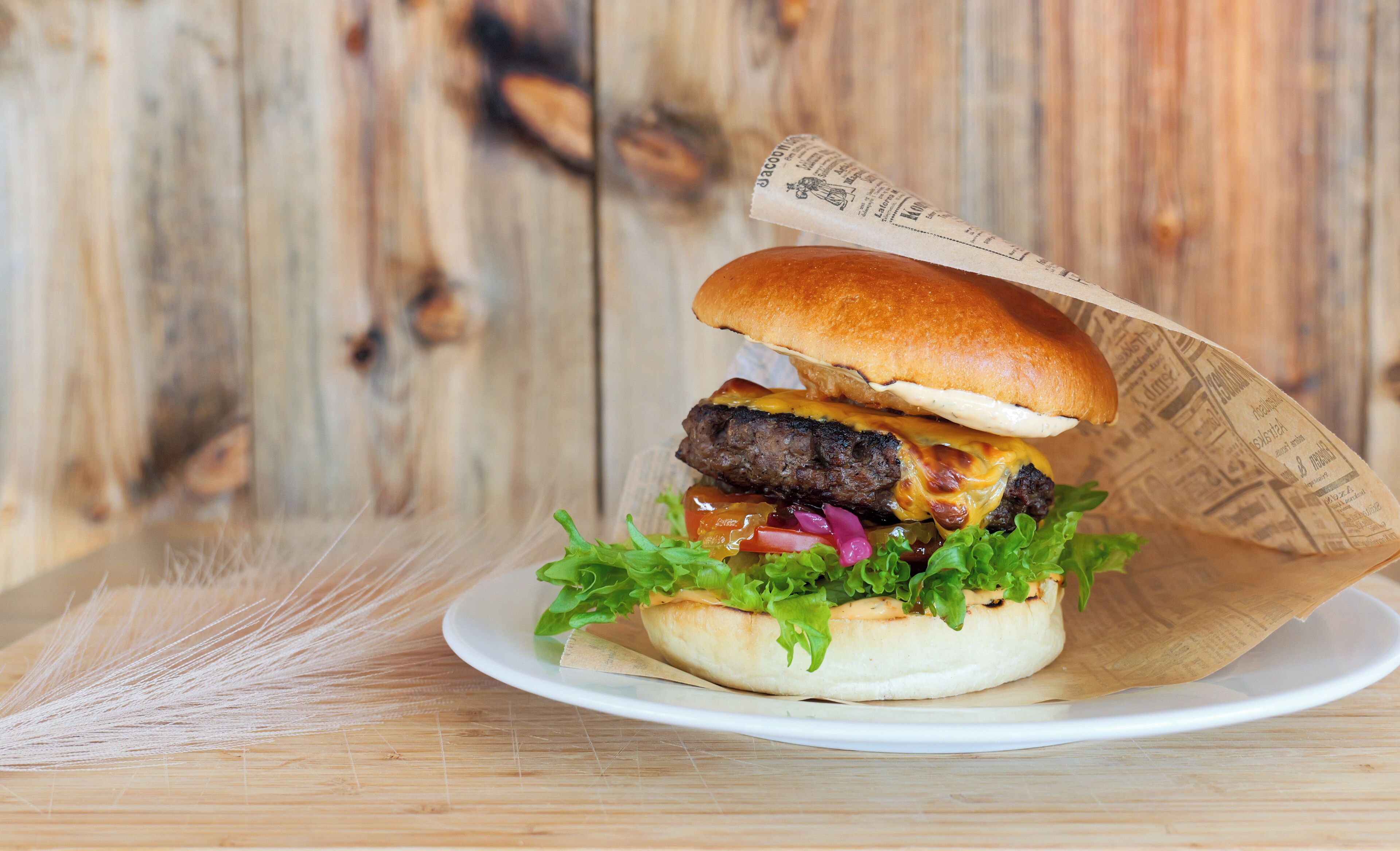 Een hamburger met sla, tomaat en rode ui op een wit bord.
